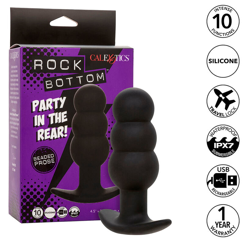 CALEXOTICS - PLUG ANAL ROCK BOTTOM AVEC PERLES 10 VIBRATIONS SILICONE NOIR