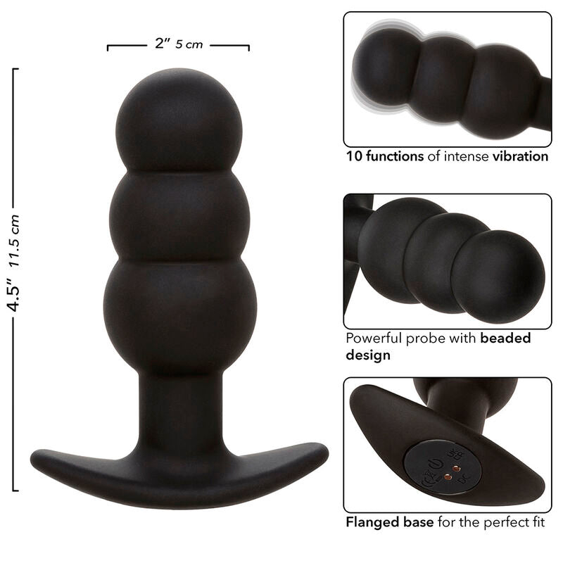 CALEXOTICS - ROCK BOTTOM ANAAL PLUG MET PARELS 10 VIBRATIES SILICONEN ZWART