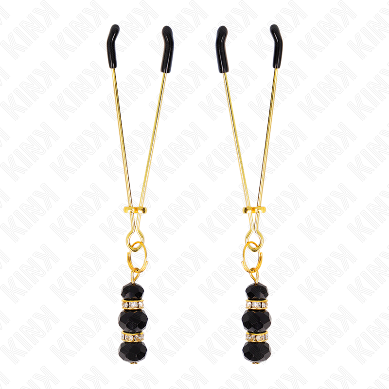 KINK - GOUDEN DUNNE TEPELKLEMMEN MET 3 ZWARTE GLAZEN KRALEN 7 CM