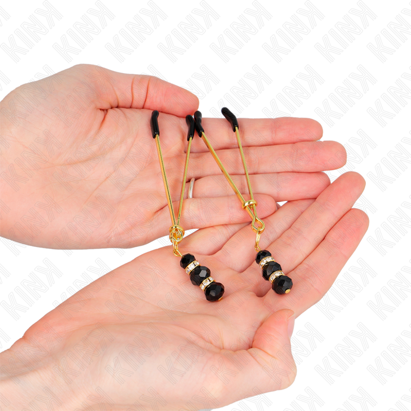 KINK - GOUDEN DUNNE TEPELKLEMMEN MET 3 ZWARTE GLAZEN KRALEN 7 CM