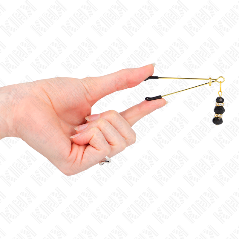 KINK - GOUDEN DUNNE TEPELKLEMMEN MET 3 ZWARTE GLAZEN KRALEN 7 CM