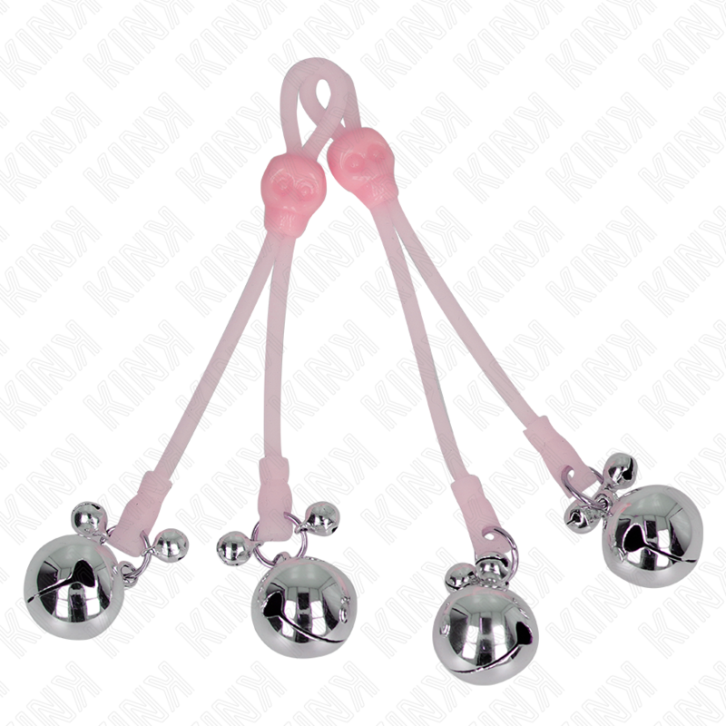 KINK - GLOEIENDE SCHEDEL TEPELKLEMMEN MET RINGBEL VERSTELBAAR ROZE/ZILVER