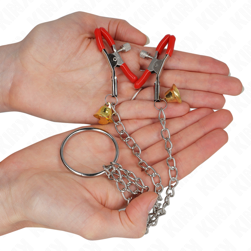 KINK - BELL 3-WEG TEPELKLEMMEN EN CLITORISKLEMMEN ROOD MET KETTING 30 CM