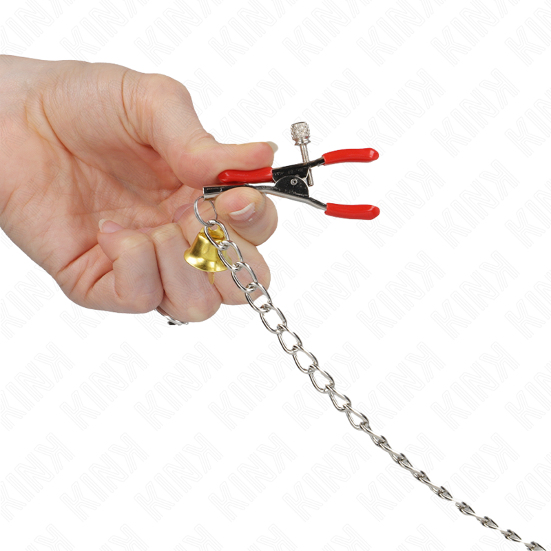 KINK - BELL PINCES À TÉTONS ET CLITORIS 3 VOIES ROUGES AVEC CHAÎNE 30 CM
