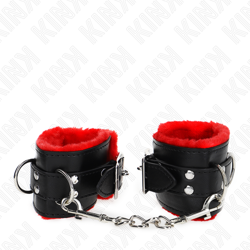 KINK - Gevoerde polsmanchet met vierkante gaten, rode en zwarte band, verstelbaar 17-29 cm x 6 cm