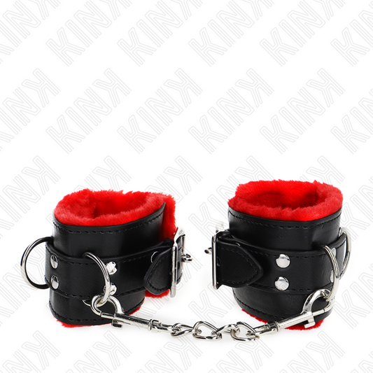 KINK - BRACELET DOUBLÉ DE FOURRURE AVEC TROUS CARRÉS, CEINTURE ROUGE ET NOIRE, RÉGLABLE 17-29 CM X 6 CM