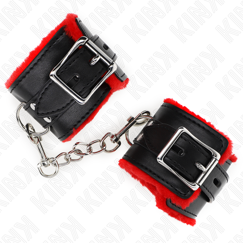 KINK - Gevoerde polsmanchet met vierkante gaten, rode en zwarte band, verstelbaar 17-29 cm x 6 cm