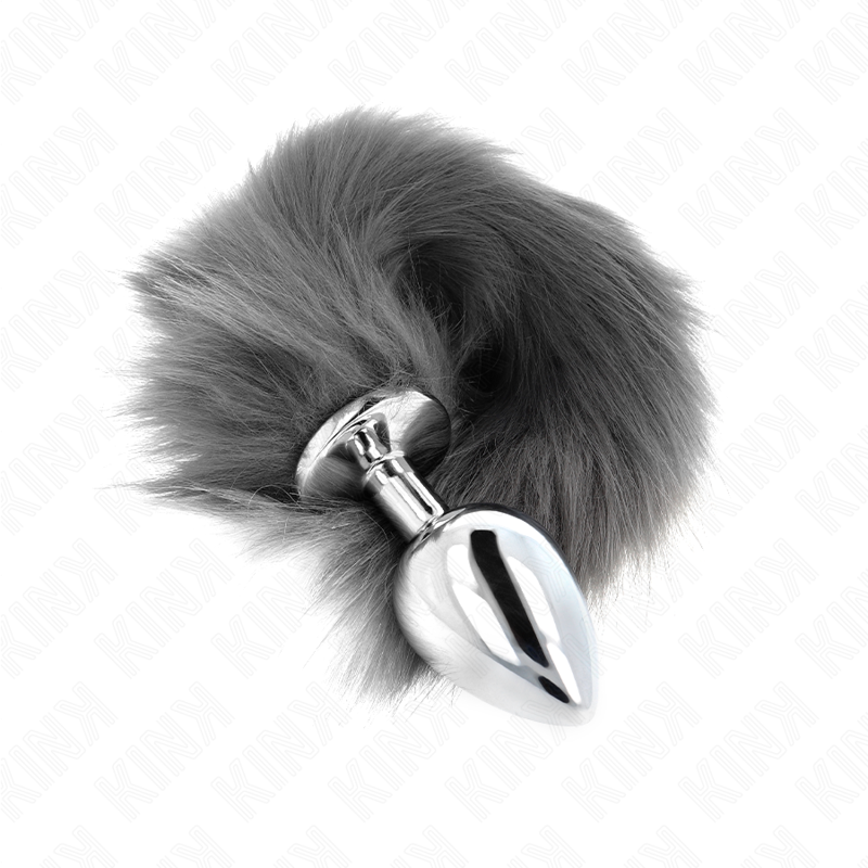 KINK - PLUG ANAL TAILLE L 10 X 4 CM AVEC QUEUE PLASTIQUE 40 CM GRIS ET BLANC