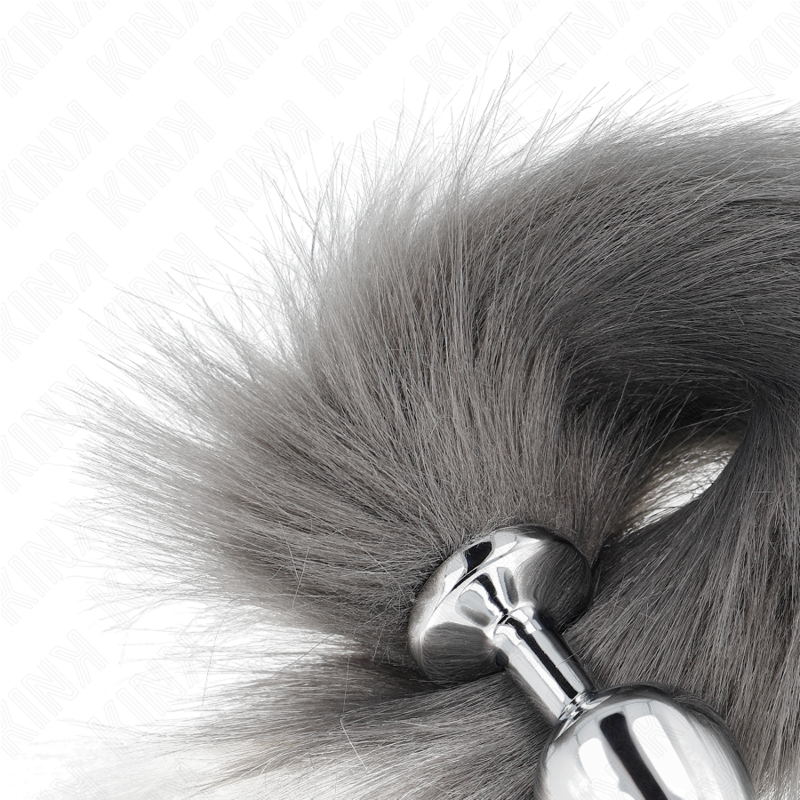 KINK - PLUG ANAL TAILLE M 8 X 3,5 CM AVEC QUEUE PLASTIQUE 40 CM GRIS ET BLANC