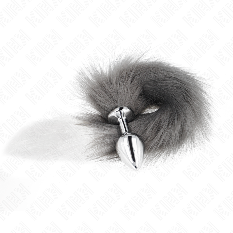 KINK - PLUG ANAL TAILLE M 8 X 3,5 CM AVEC QUEUE PLASTIQUE 40 CM GRIS ET BLANC