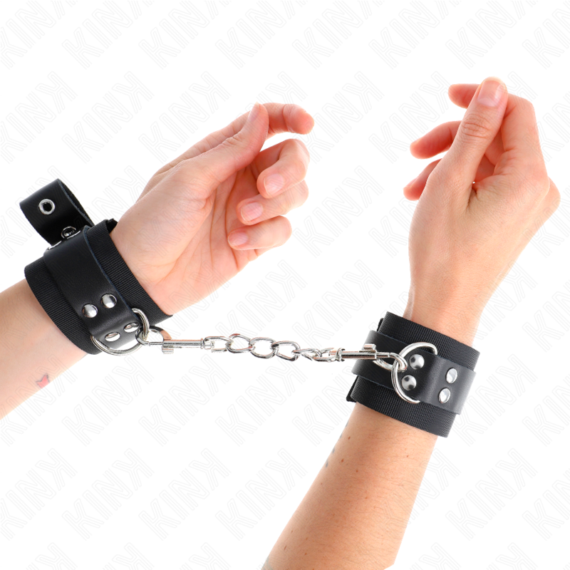 KINK - NYLON POLSMANCHET ZWART MET ZWARTE LEDEREN BANDEN VERSTELBAAR 19-29 CM X 5,1 CM
