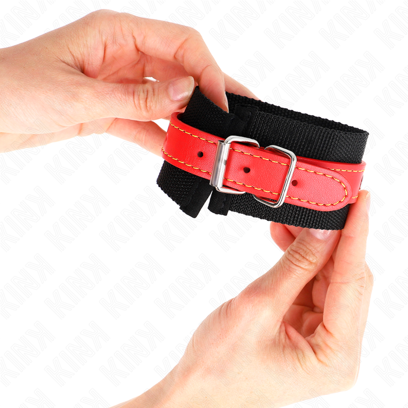 KINK - BRACELET EN NYLON NOIR AVEC SIMILI CUIR ROUGE RÉGLABLE 19-24 CM X 5,5 CM
