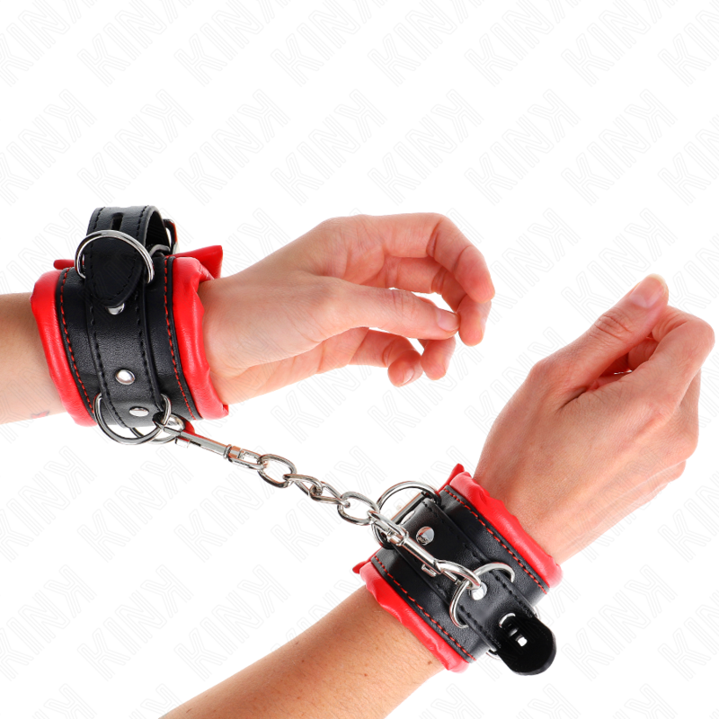 KINK - HEAVY WRIST CUFFS WITH RED FUR LINING, ADJUSTABLE 20-30 CM X 6 CM