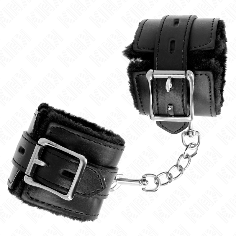 KINK - MANCHETTE DE POIGNET DOUBLÉE DE FOURRURE AVEC TROUS CARRÉS, NOIR ET NOIR, CEINTURE RÉGLABLE 17-29 CM X 6 CM