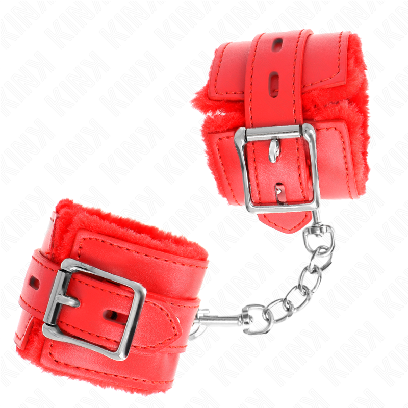 KINK - BRACELET DOUBLÉ DE FOURRURE AVEC TROUS CARRÉS, ROUGE ET CEINTURE ROUGE, RÉGLABLE 17-29 CM X 6 CM