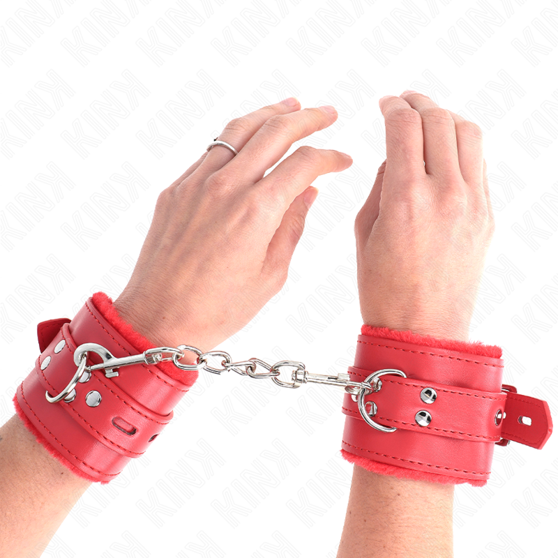 KINK - BRACELET DOUBLÉ DE FOURRURE AVEC TROUS CARRÉS, ROUGE ET CEINTURE ROUGE, RÉGLABLE 17-29 CM X 6 CM
