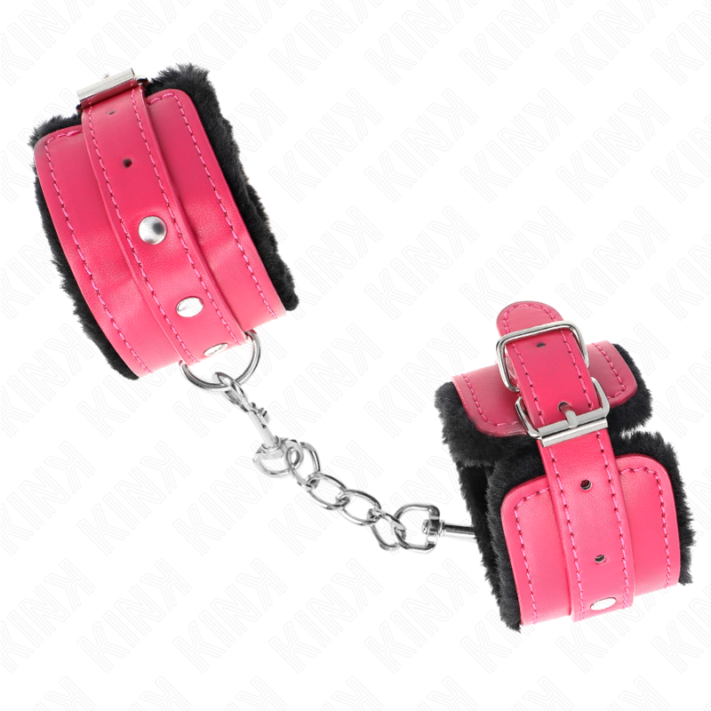 KINK - BRACELET PREMIUM DOUBLÉ DE FOURRURE NOIR AVEC CEINTURE ROSE FRAMBOISE RÉGLABLE 17-29 CM X 6 CM