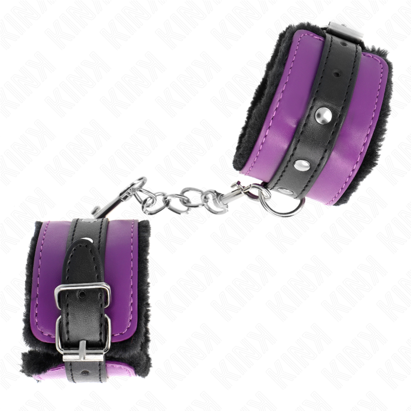 KINK - BRACELET PREMIUM DOUBLÉ DE FOURRURE NOIR AVEC CEINTURE VIOLET/NOIRE RÉGLABLE 17-29 CM X 6 CM