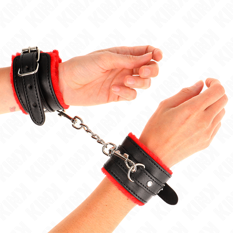 KINK - BRACELET PREMIUM DOUBLÉ DE FOURRURE ROUGE AVEC CEINTURE NOIRE RÉGLABLE 17-29 CM X 6 CM