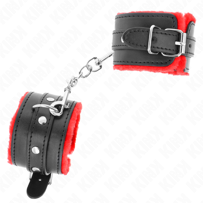 KINK - BRACELET PREMIUM DOUBLÉ DE FOURRURE ROUGE AVEC CEINTURE NOIRE RÉGLABLE 17-29 CM X 6 CM