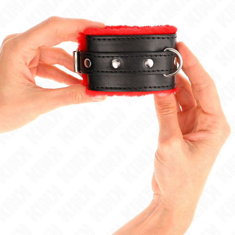 KINK - BRACELET PREMIUM DOUBLÉ DE FOURRURE ROUGE AVEC CEINTURE NOIRE RÉGLABLE 17-29 CM X 6 CM