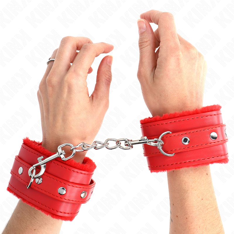 KINK - BRACELET PREMIUM DOUBLÉ DE FOURRURE ROUGE AVEC CEINTURE ROUGE RÉGLABLE 17-29 CM X 6 CM