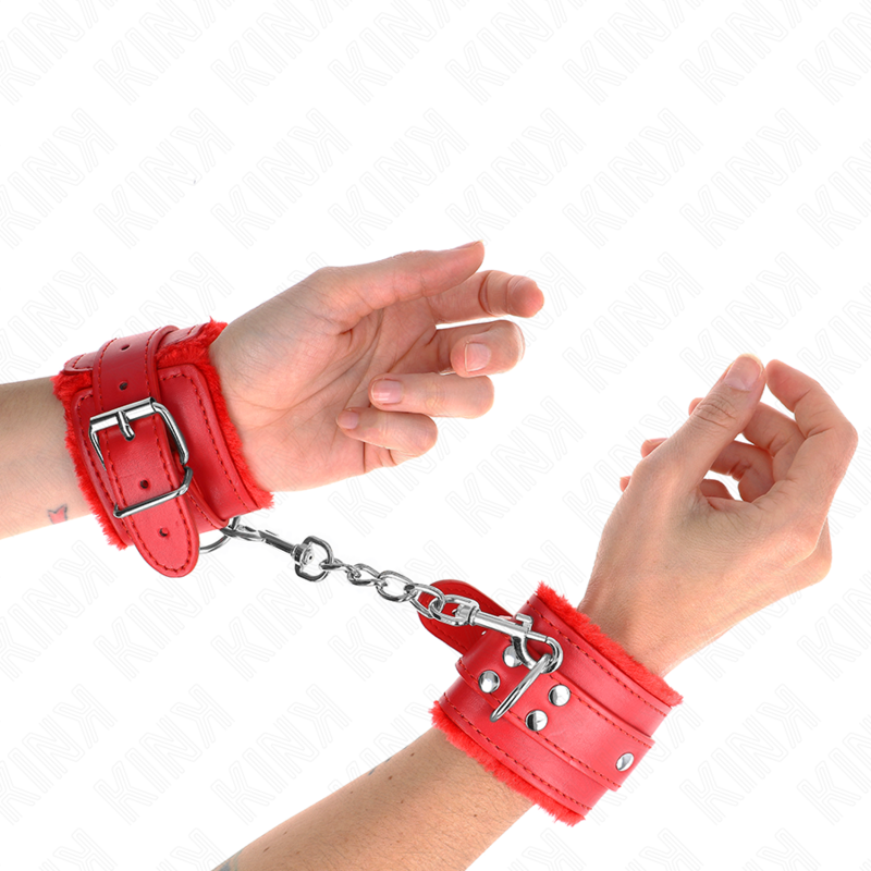 KINK - BRACELET DOUBLÉ DE FOURRURE ROUGE AVEC CEINTURE ROUGE RÉGLABLE 17-29 CM X 6 CM