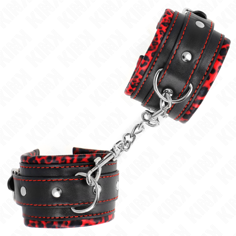 KINK - POIGNETS DOUBLÉS DE FOURRURE ROUGE/NOIR RÉGLABLES 17-29 CM X 6 CM
