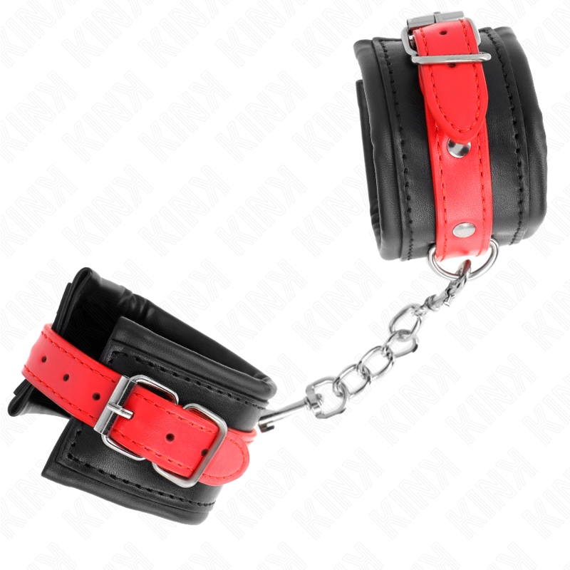 KINK - ZWARTE POLSMANCHETTEN MET RODE RIEM VERSTELBAAR 17-28 CM X 6 CM