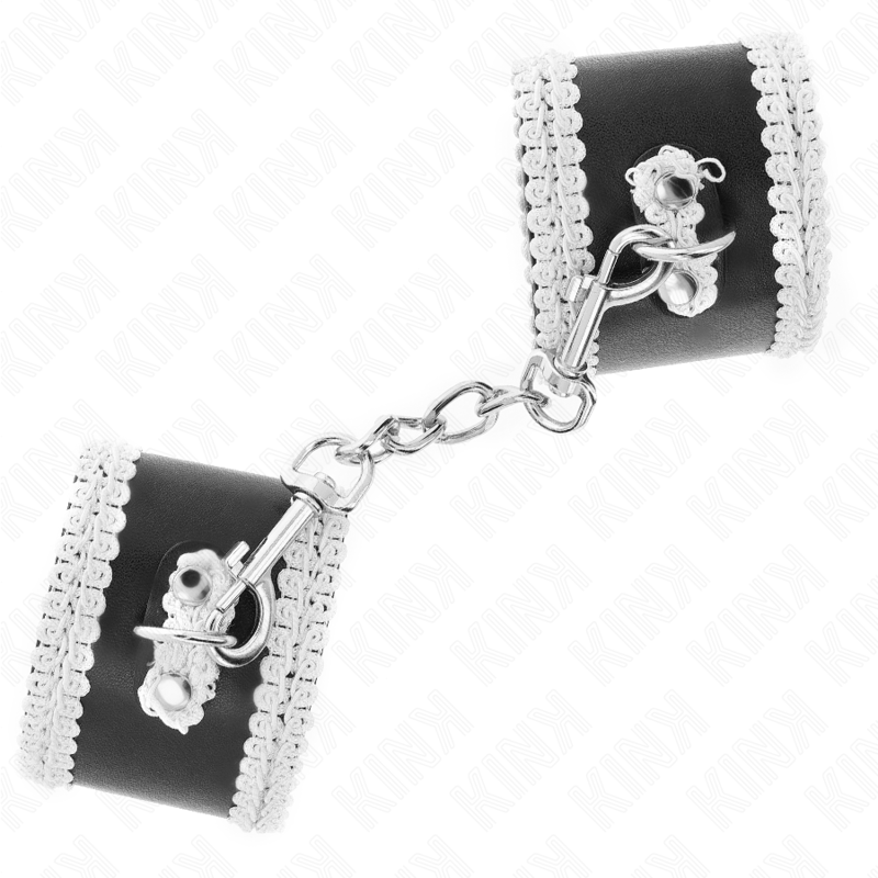 KINK - ZWARTE POLSMANCHETTEN MET WIT GEDECOREERD KANT, VERSTELBAAR 20-23 CM X 5,5 CM