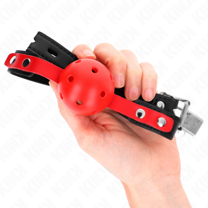 KINK - RODE HOLLE BAL, 4 CM, KNEVEL, ZWARTE BAND 60 x 2 CM, VERSTELBAAR 37-52 CM
