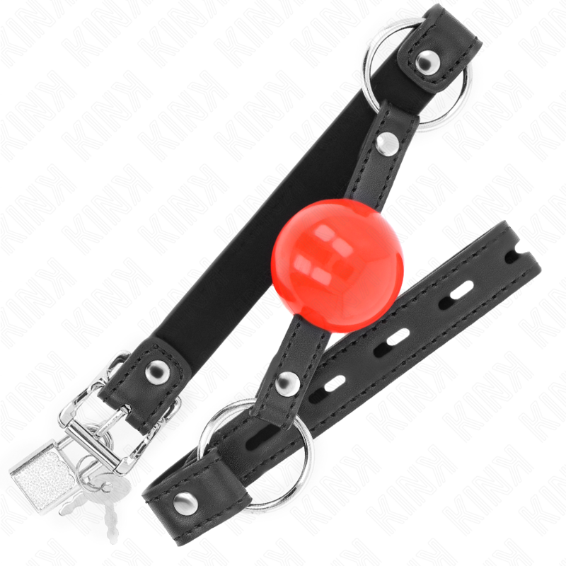 KINK - BÂILLON À BOULE 4 CM AVEC VERROUILLAGE BOULE ROUGE SANGLE NOIRE 60 x 2 CM