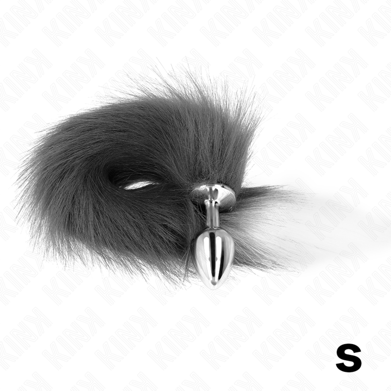 KINK - PLUG ANAL TAILLE S 7 X 3 CM AVEC QUEUE PLASTIQUE 40 CM GRIS ET BLANC