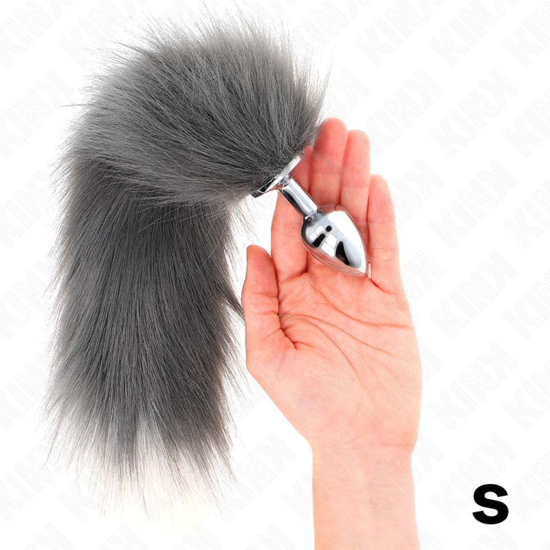 KINK - PLUG ANAL TAILLE S 7 X 3 CM AVEC QUEUE PLASTIQUE 40 CM GRIS ET BLANC