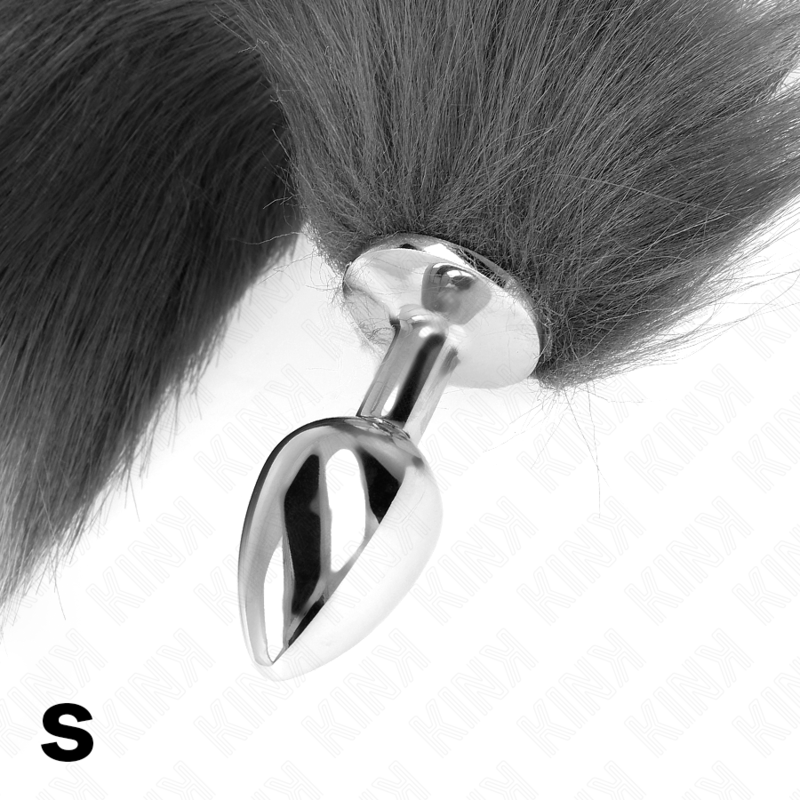 KINK - PLUG ANAL TAILLE S 7 X 3 CM AVEC QUEUE PLASTIQUE 40 CM GRIS ET BLANC