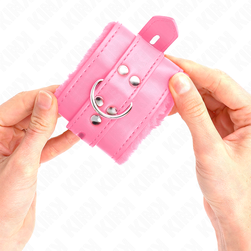 KINK - BRACELET DOUBLÉ DE FOURRURE AVEC TROUS CARRÉS, CEINTURE ROSE ET ROSE, RÉGLABLE 17-29 CM X 6 CM