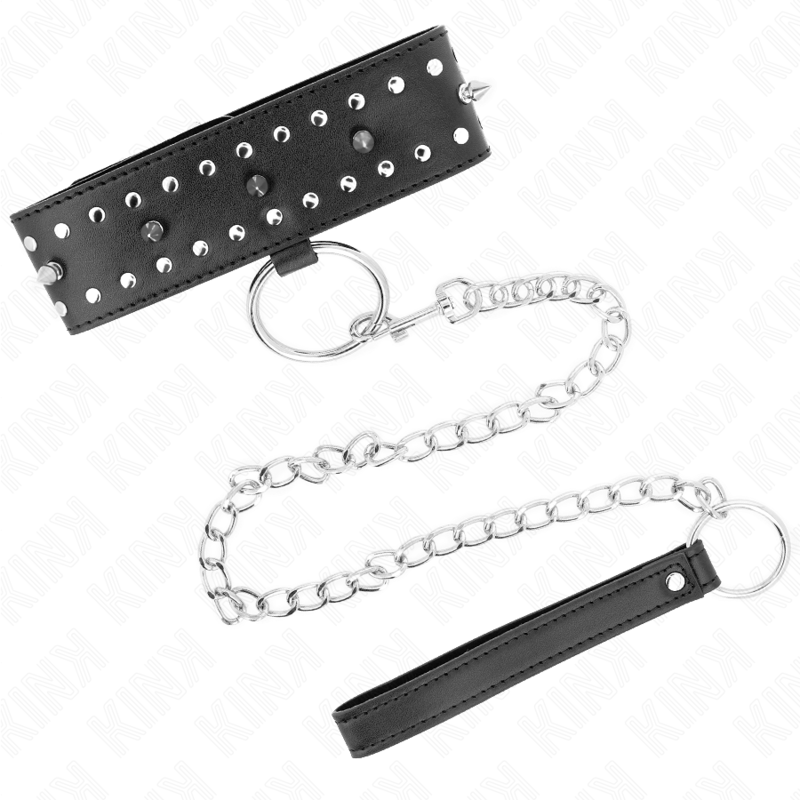 KINK - COLLIER AVEC LAISSE 65 CM AVEC CLOUS ARGENTÉS MODÈLE 1 RÉGLABLE 36-43 CM X 5 CM