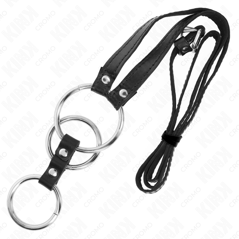 KINK - DRIEVOUDIGE METALEN PENISRING 3,8 CM TOT 5 CM MET LEDEREN BANDEN 112 CM