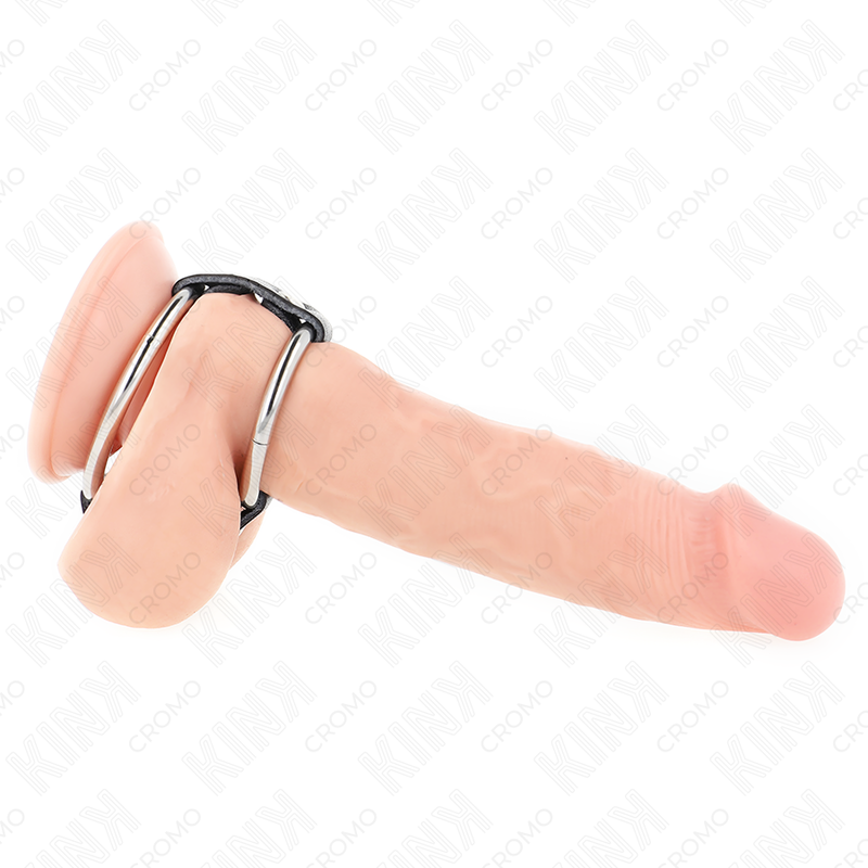 KINK - DUBBELE METALEN PENISRING 3,8 CM TOT 5 CM VERBONDEN MET LEER