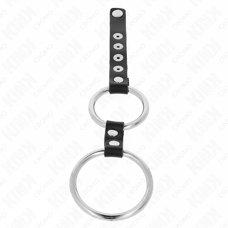 KINK - DUBBELE METALEN PENISRING 3,8 CM TOT 5 CM VERBONDEN MET LEER