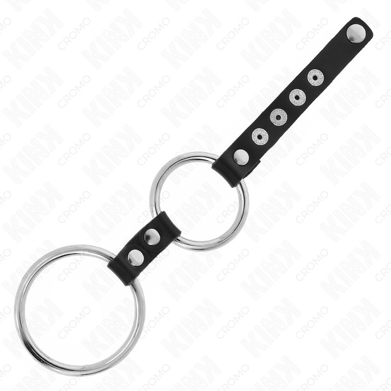 KINK - DUBBELE METALEN PENISRING 3,8 CM TOT 5 CM VERBONDEN MET LEER