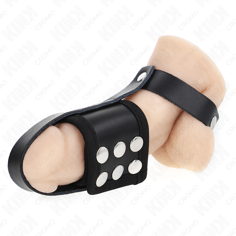 KINK - LEDEREN PENIS CAGE RING MET VERSTELBARE GECOATE SQUAT SCHEIDINGSBAND
