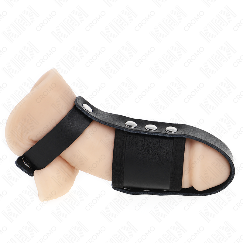 KINK - LEDEREN PENIS CAGE RING MET VERSTELBARE GECOATE SQUAT SCHEIDINGSBAND