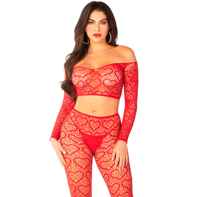 LEG AVENUE - CROP TOP + STOCKINGS ROOD ONE SIZE