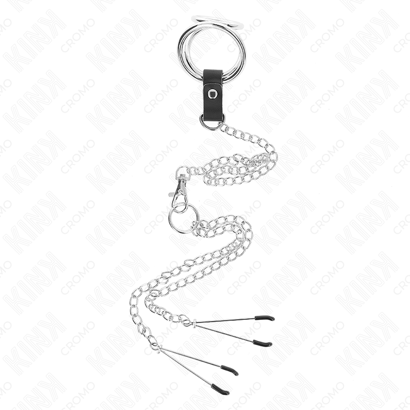 KINK - DRIEVOUDIGE CHROOM METALEN PENISRING 3 CM TOT 4,5 CM MET 26 CM METALEN KETTING EN TEPELKLEMMEN