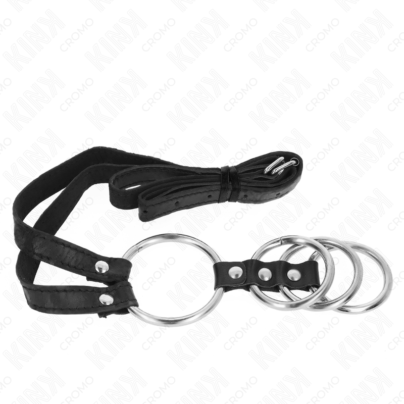 KINK - 4 ANNEAUX PÉNIS MÉTALLIQUES CONNECTÉS DE 3,8 CM À 5 CM AVEC SANGLES EN CUIR 112 CM