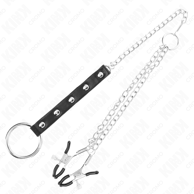 KINK - METALEN PENISRING MET KETTING EN VERSTELBARE TEPELKLEMMEN