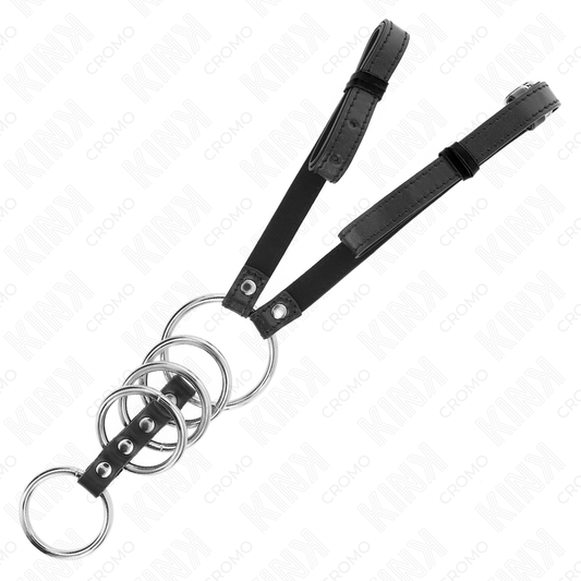 KINK - 5 ANNEAUX PÉNIS 3,8 CM À 5 CM MÉTAL AVEC SANGLE CUIR 112 CM