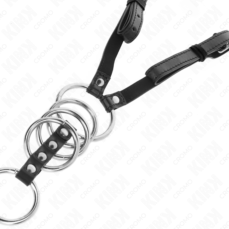 KINK - 5 PENIS RINGS 3.8 CM TO 5 CM METAL WITH LEATHER STRAP 112 CM