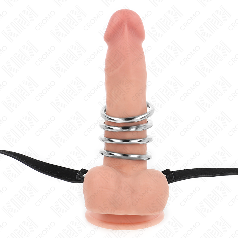 KINK - 5 ANNEAUX PÉNIS 3,8 CM À 5 CM MÉTAL AVEC SANGLE CUIR 112 CM